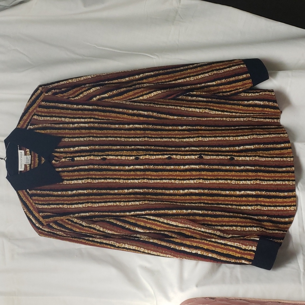 90s Nancy Crystal Neutral Striped Button Front Top Brown Tan Beige Black Sz 12